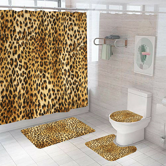Leopard Print Shower Curtain Set Thick Bathroom Rugs Bath Mat Toilet Lid Cover--Free Shipping at meselling99