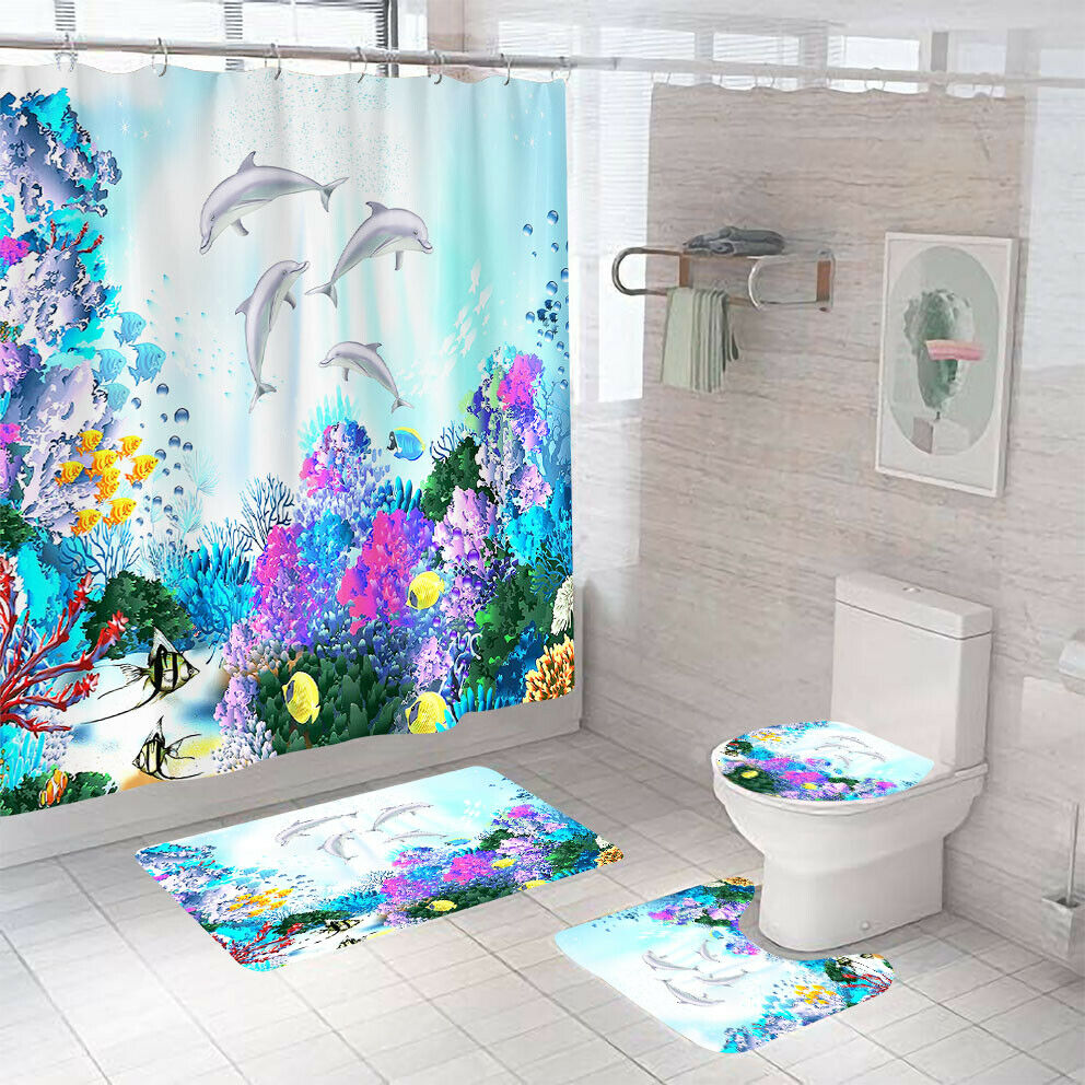 Dolphin Shower Curtain Bathroom Rug Set Thick Bath Mat Non-Slip Toilet Lid Cover-Shower Curtain+3Pcs Mat-Free Shipping at meselling99