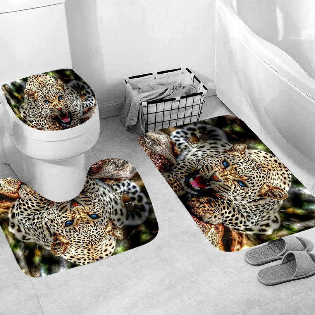 Leopard Shower Curtain Bathroom Rug Set Thick Bath Mat Non-Slip Toilet Lid Cover-3Pcs Mat Set Only-Free Shipping at meselling99
