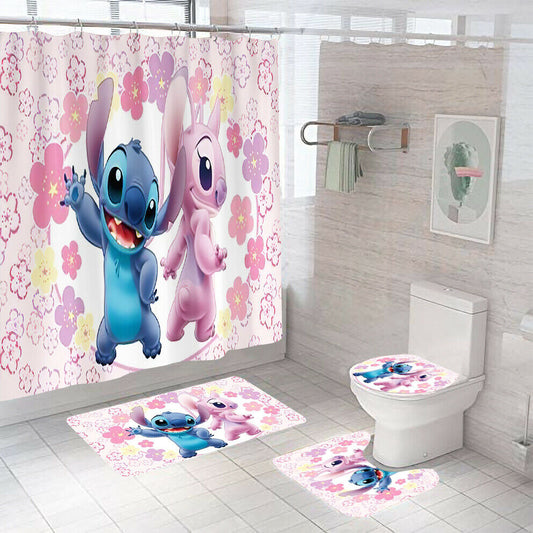 Pink Cartoon Shower Curtain Bathroom Rug Set Thick Bath Mat Non-Slip Toilet Lid Cover--Free Shipping at meselling99