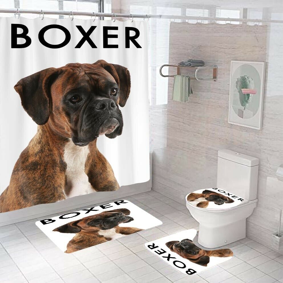 Boxer Shower Curtain Bathroom Rug Set Thick Bath Mat Non-Slip Toilet Lid Cover--Free Shipping at meselling99