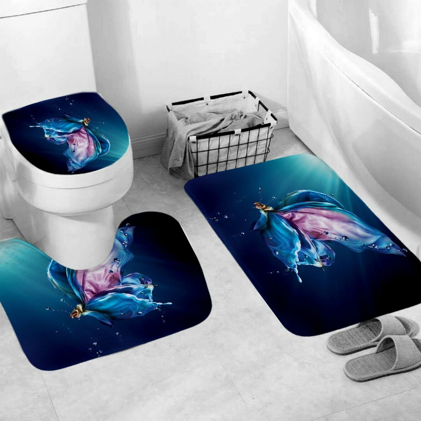Butterfly Shower Curtain Set Bathroom Rug Bath Mat Non-Slip Toilet Lid Cover--Free Shipping at meselling99