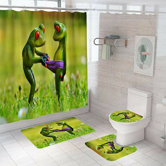 Frog Shower Curtain Set Bathroom Rug Thick Bath Mat Non-Slip Toilet Lid Cover--Free Shipping at meselling99