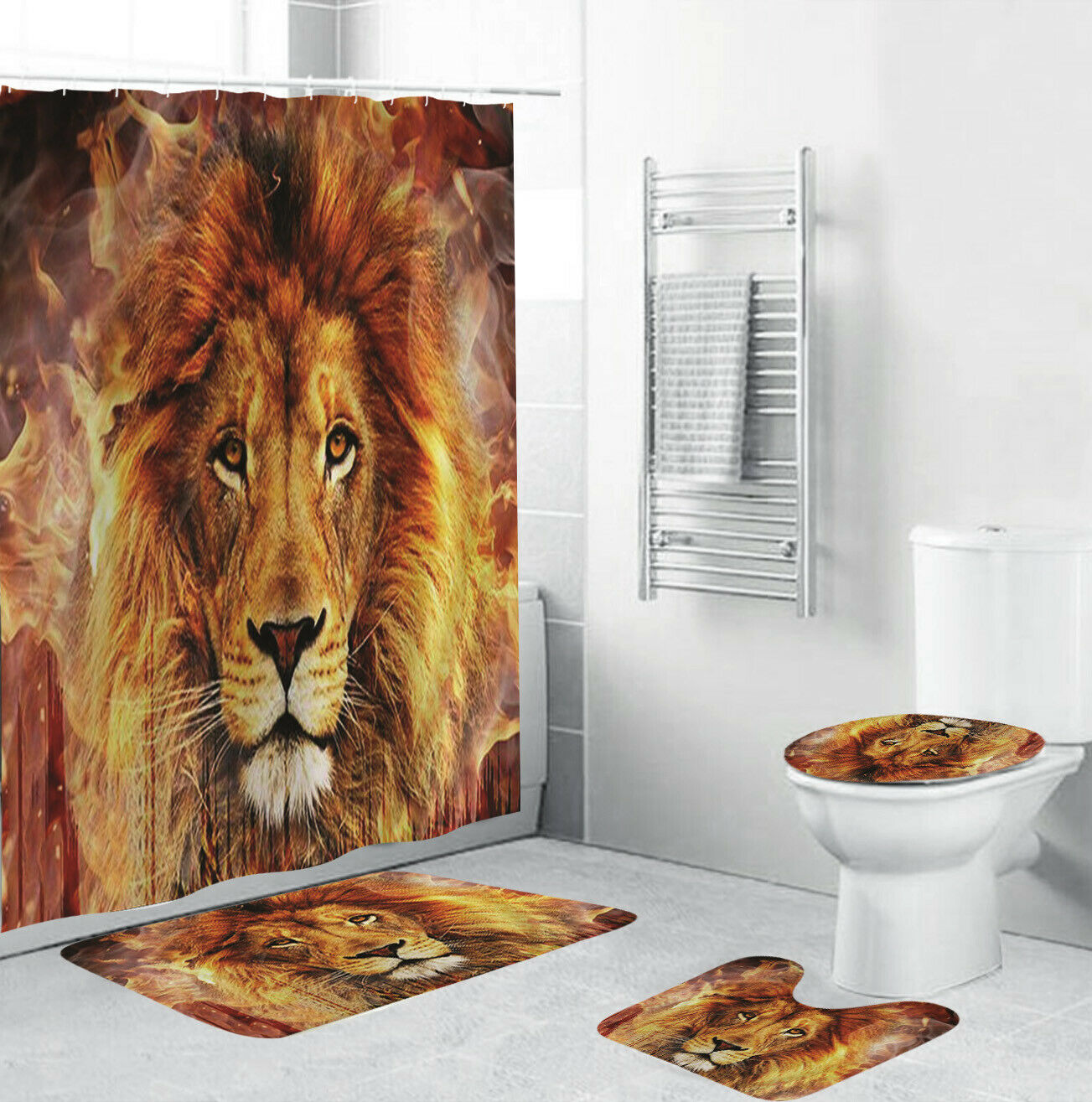 Lion Shower Curtain Bathroom Rug Set Thick Bath Mat Non-Slip Toilet Lid Cover-4Pcs(180*180cm Curtain+3Pcs Mat)-Free Shipping at meselling99