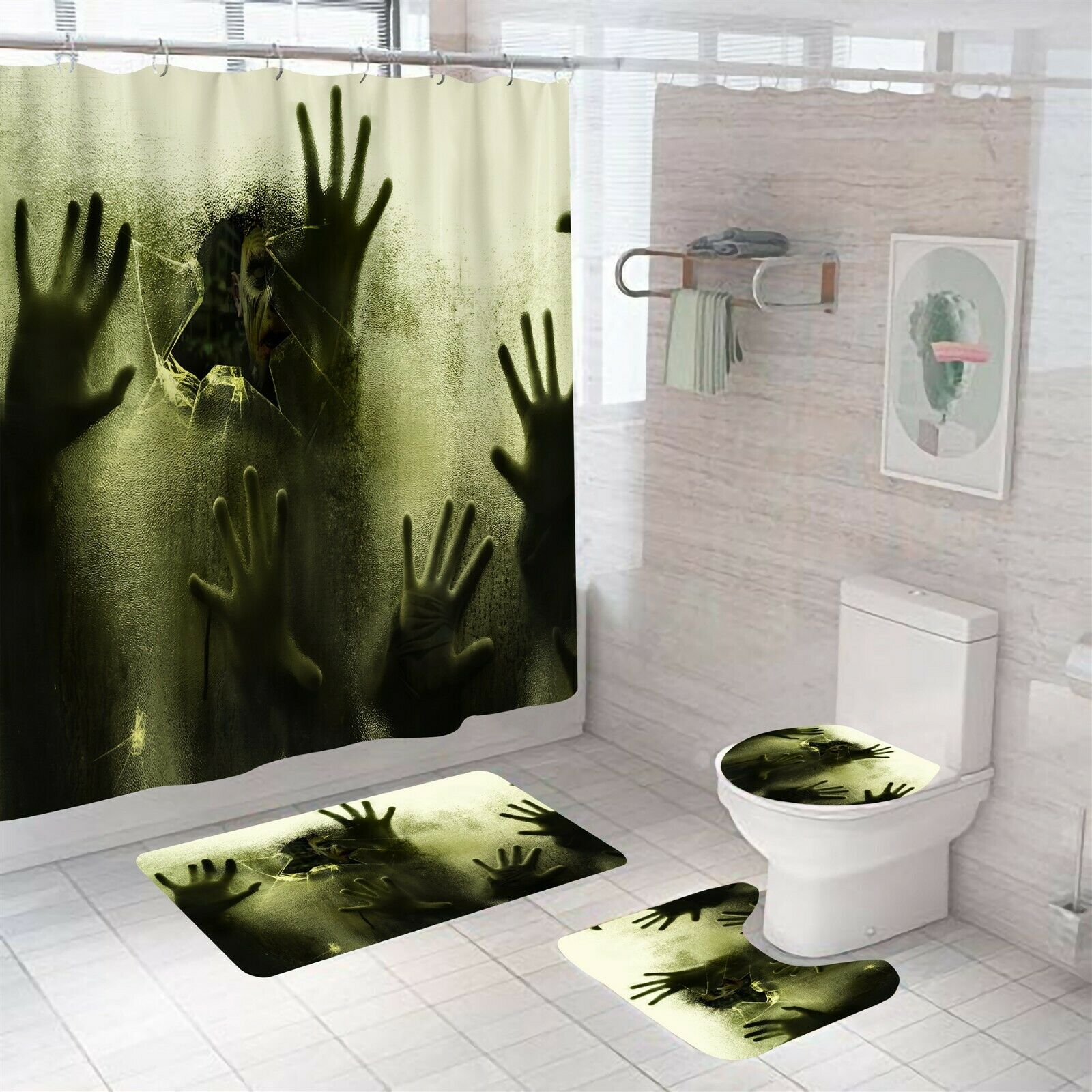 Zombie Shower Curtain Bathroom Rug Set Thick Bath Mat Non-Slip Toilet Lid Cover--Free Shipping at meselling99