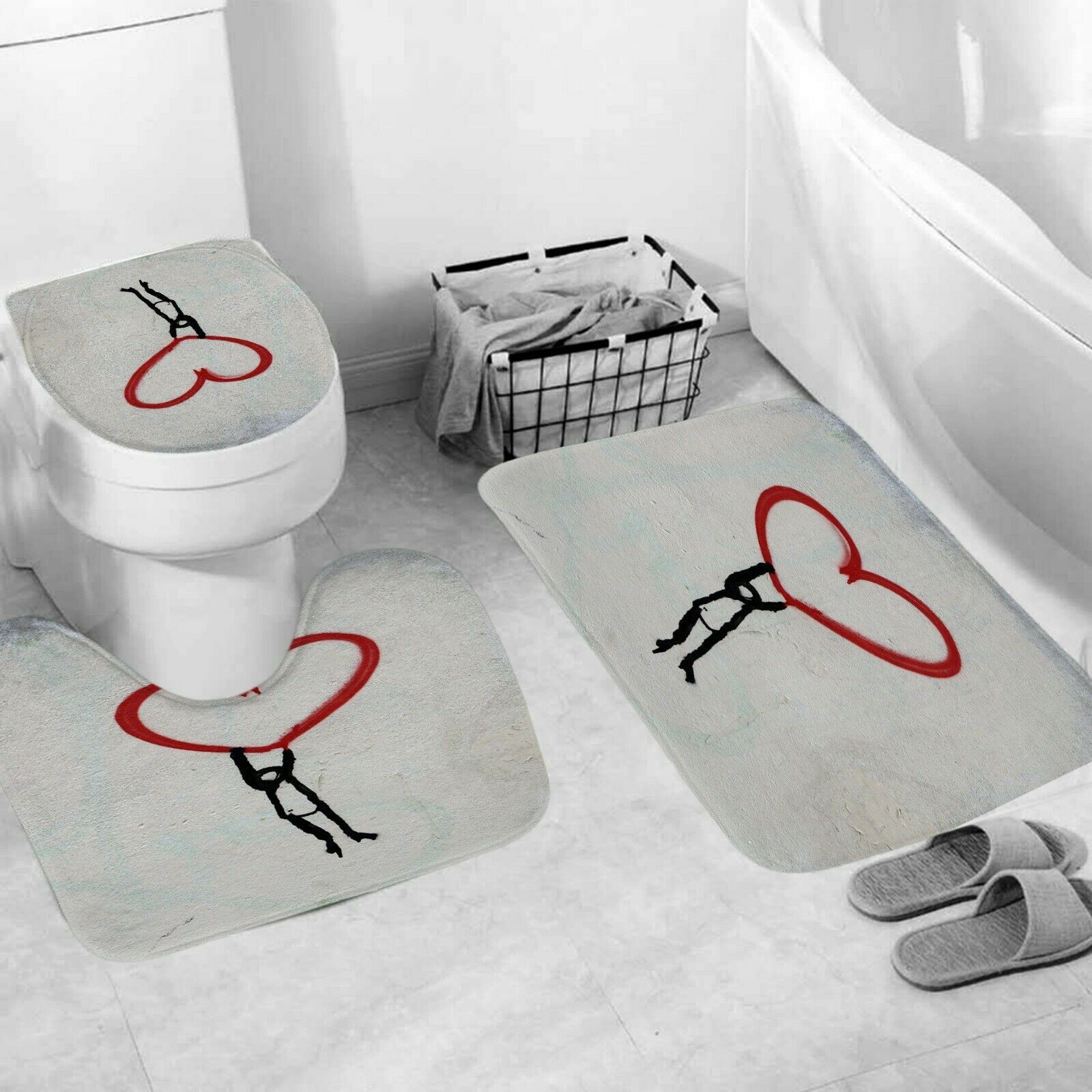 Loving Heart Shower Curtain Bathroom Rug Set Bath Mat Non-Slip Toilet Lid Cover-3Pcs Mat Set Only-Free Shipping at meselling99