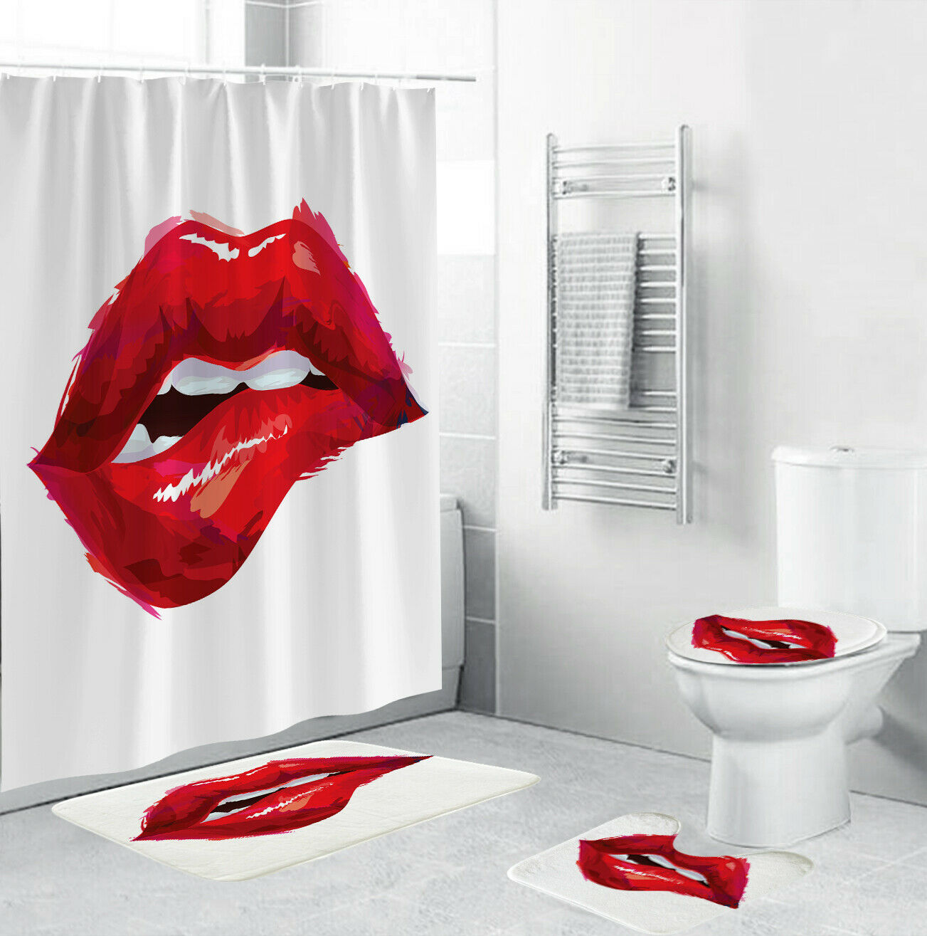 Red Lips Shower Curtain Bathroom Rug Set Bath Mat Non-Slip Toilet Lid Cover-4Pcs(180*180cm Curtain+3Pcs Mat)-Free Shipping at meselling99