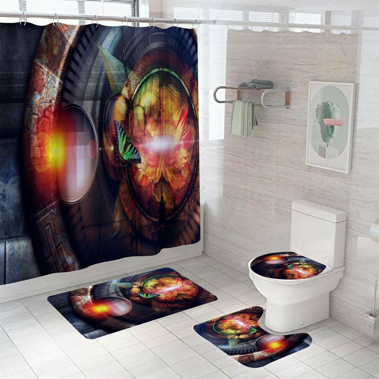 Butterfly Shower Curtain Bathroom Rug Set Bath Mat Non-Slip Toilet Lid Cover-Shower Curtain+3Pcs Mat-Free Shipping at meselling99