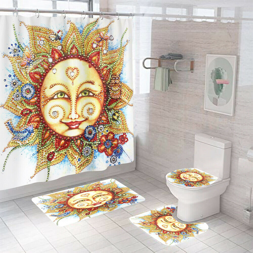 Sun Shower Curtain Bathroom Rug Set Bath Mat Non-Slip Toilet Lid Cover-Shower Curtain+3Pcs Mat-Free Shipping at meselling99