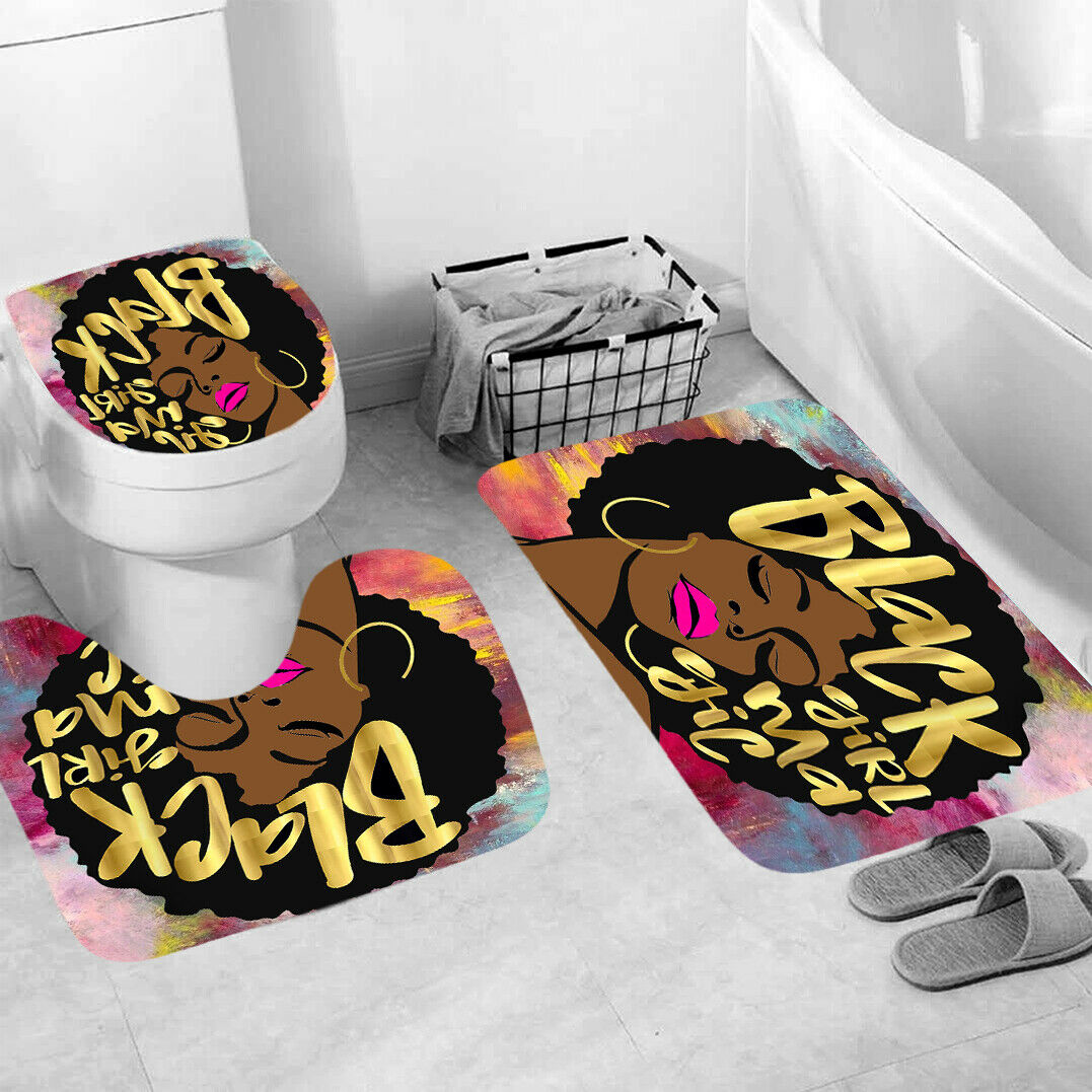 Black Girl Shower Curtain Bathroom Rug Set Bath Mat Non-Slip Toilet Lid Cover-3Pcs Mat Set Only-Free Shipping at meselling99