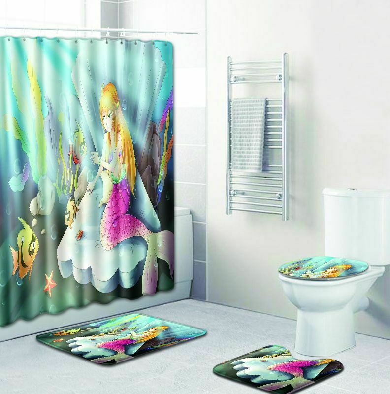 Mermaid Bathroom Rug Set Shower Curtain Non-Slip Toilet Lid Cover Bath Mat Rug--Free Shipping at meselling99