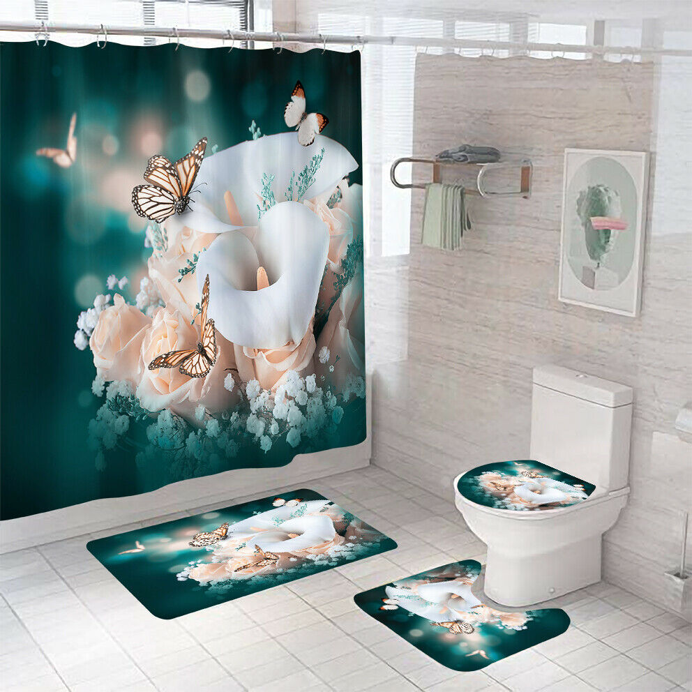 Butterflies and Flower Shower Curtain Bathroom Rug Set Bath Mat Toilet Lid Cover-Shower Curtain+3Pcs Mat-Free Shipping at meselling99