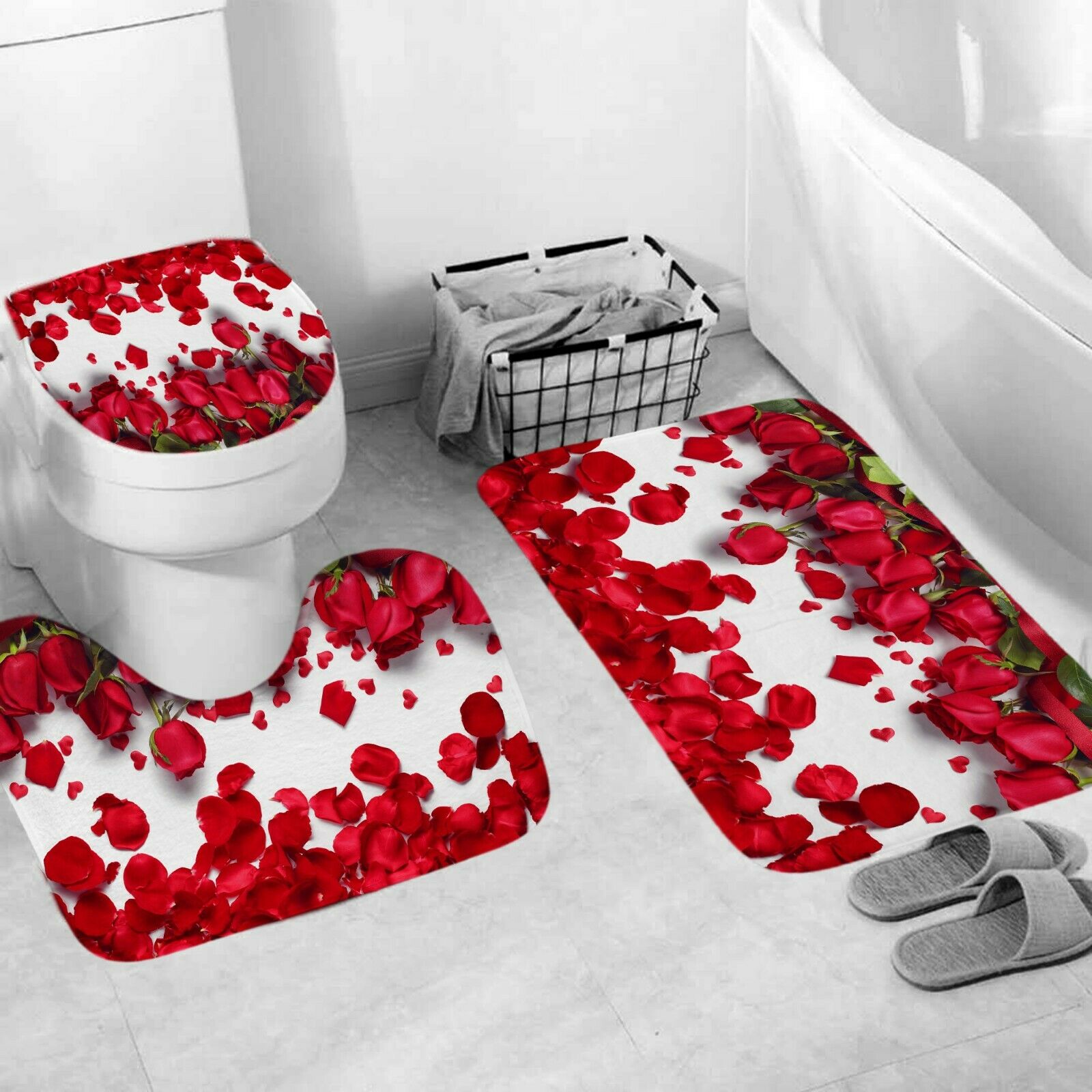 Rose Shower Curtain Bathroom Rug Set Thick Bath Mat Non-Slip Toilet Lid Cover--Free Shipping at meselling99