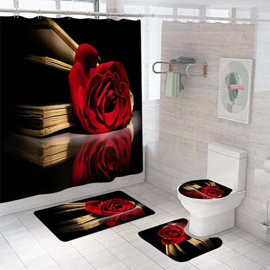 Red Rose Shower Curtain Bathroom Rug Set Thick Bath Mat Non-Slip Toilet Lid Cover--Free Shipping at meselling99