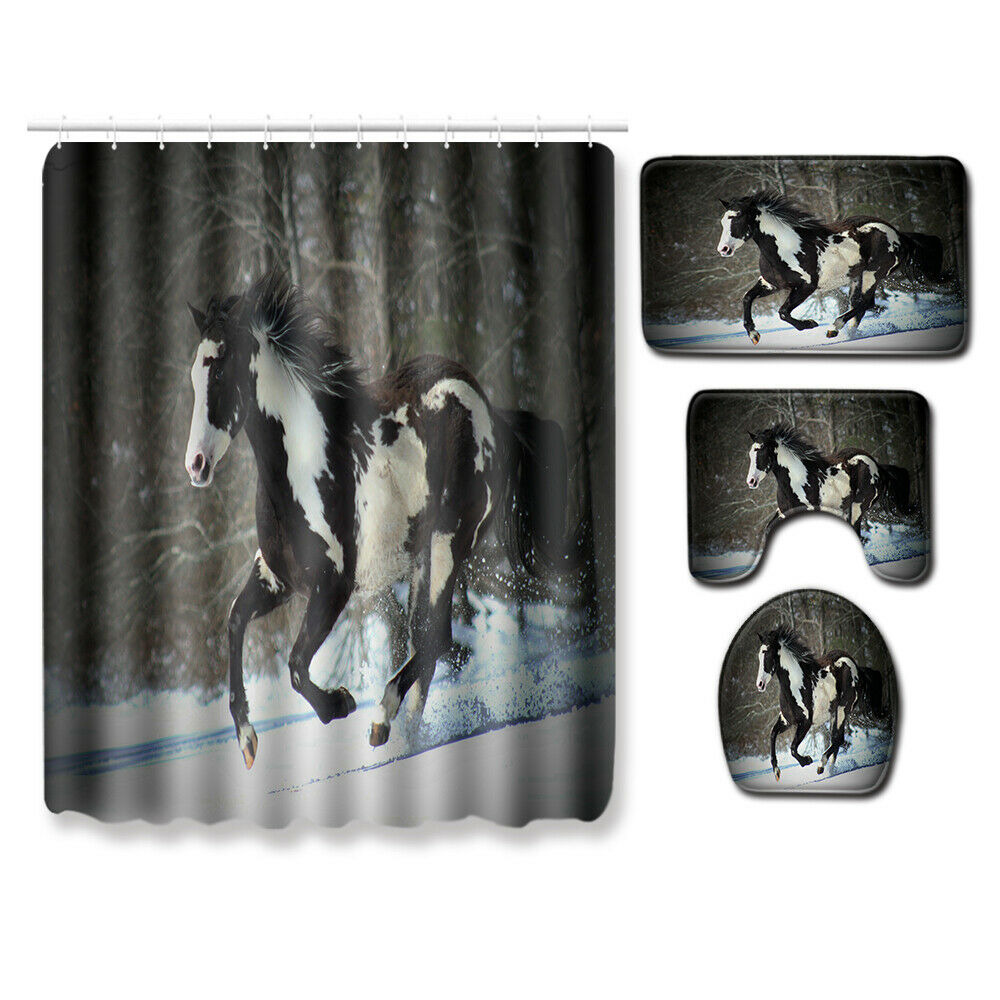 4Pcs Horse Bathroom Rug Set Shower Curtain Bath Mat Non-Slip Toilet Lid Cover--Free Shipping at meselling99