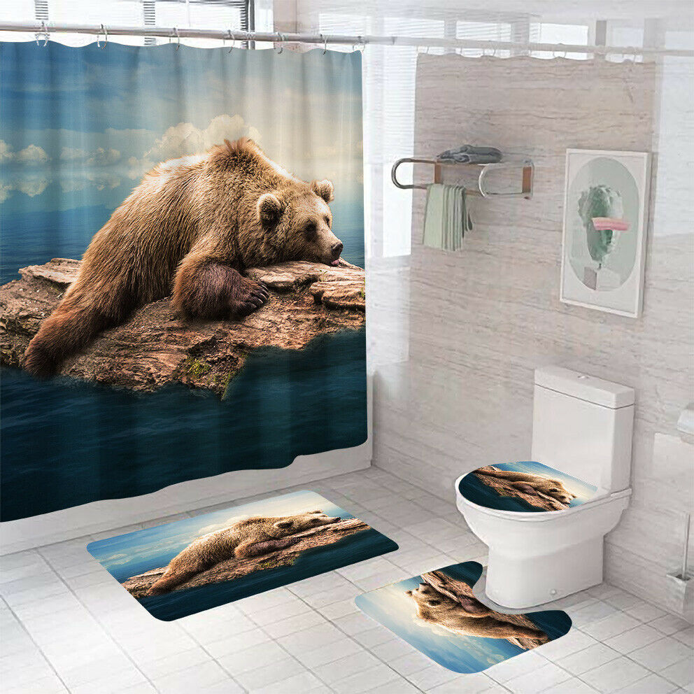 Bear Shower Curtain Bathroom Rug Set Thick Bath Mat Non-Slip Toilet Lid Cover-Shower Curtain+3Pcs Mat-Free Shipping at meselling99