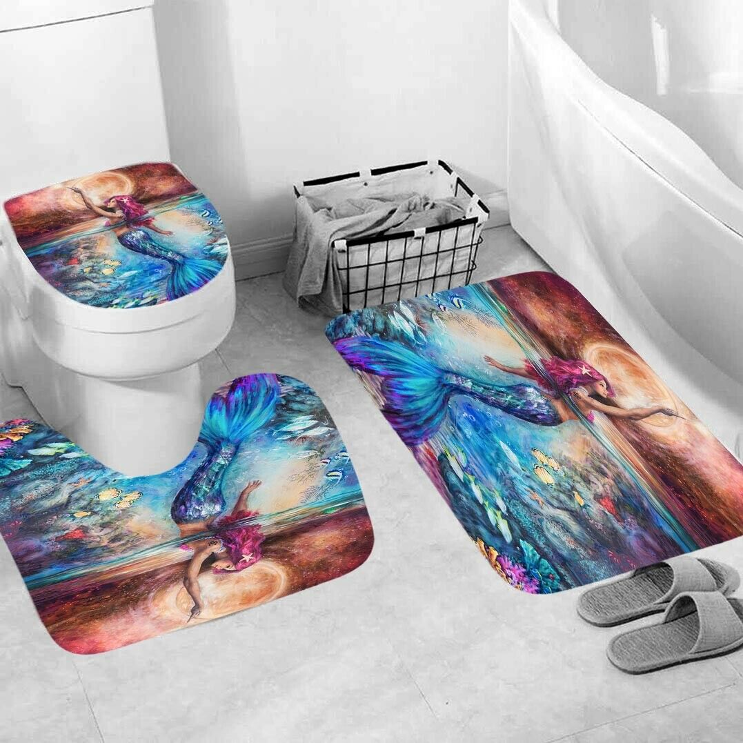 Mermaid Shower Curtain Bathroom Rug Set Bath Mat Non-Slip Toilet Lid Cover-3Pcs Mat Set Only-Free Shipping at meselling99