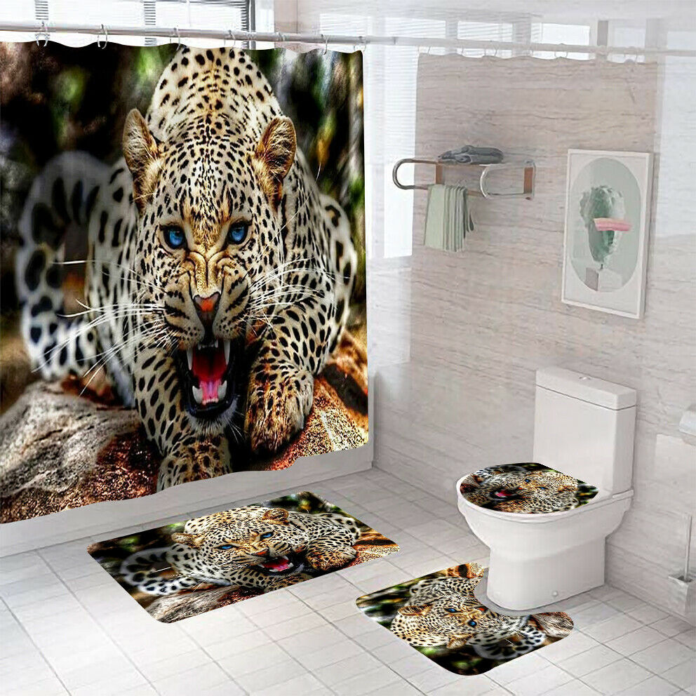 Leopard Shower Curtain Bathroom Rug Set Thick Bath Mat Non-Slip Toilet Lid Cover-Shower Curtain+3Pcs Mat-Free Shipping at meselling99