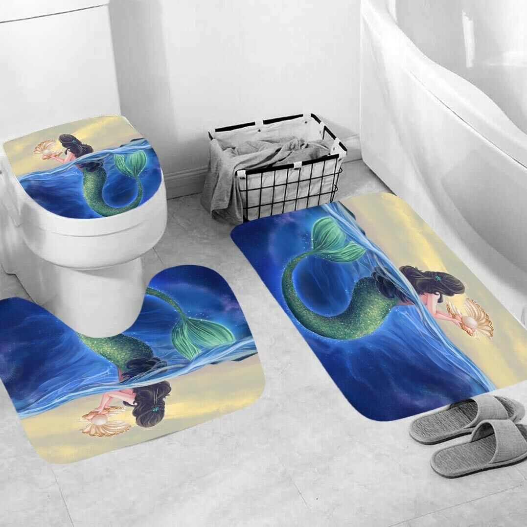 Mermaid Shower Curtain Set Thick Bathroom Rug Bath Mat Non-Slip Toilet Lid Cover-3Pcs Mat Set Only-Free Shipping at meselling99