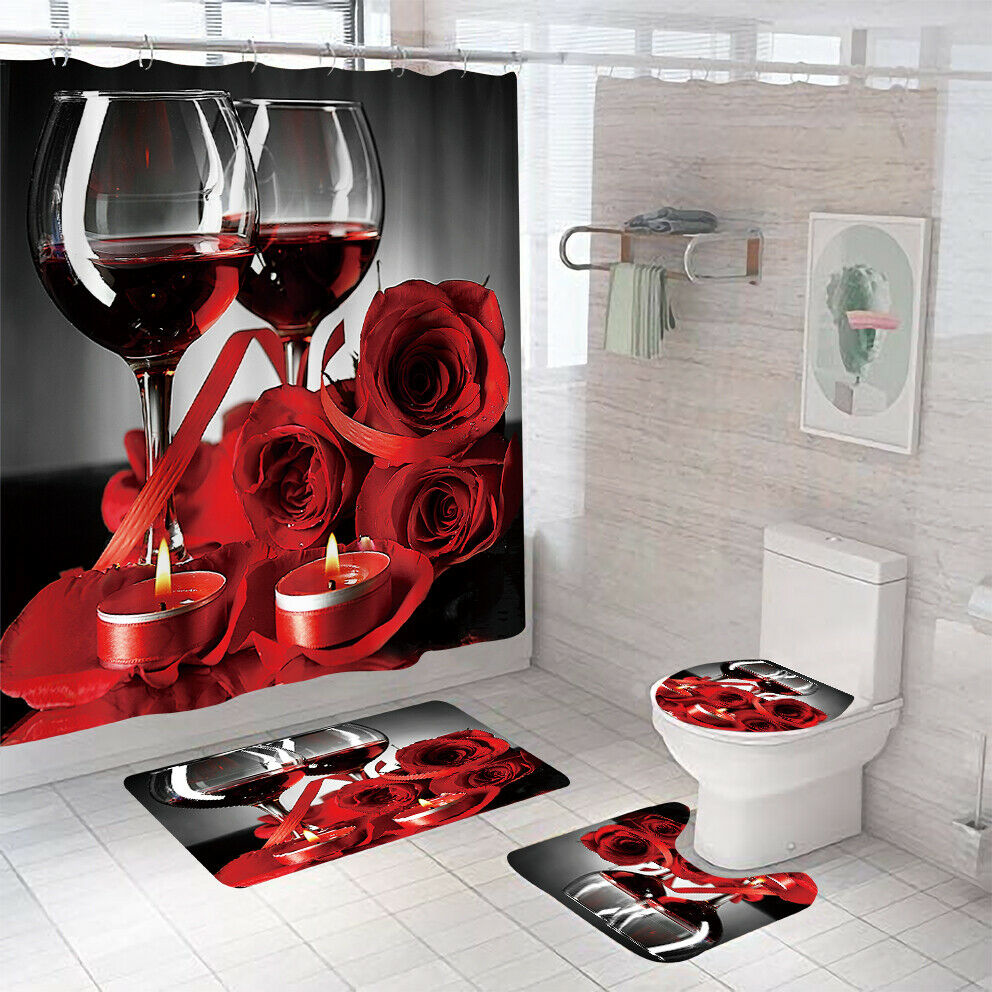 Rose Shower Curtain Bathroom Rug Set Thick Bath Mat Non-Slip Toilet Lid Cover-Shower Curtain+3Pcs Mat-Free Shipping at meselling99