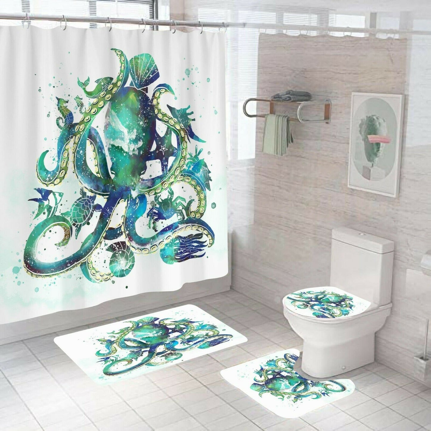 Octopus Shower Curtain Bathroom Rug Set Thick Bath Mat Non-Slip Toilet Lid Cover-Shower Curtain+3Pcs Mat-Free Shipping at meselling99