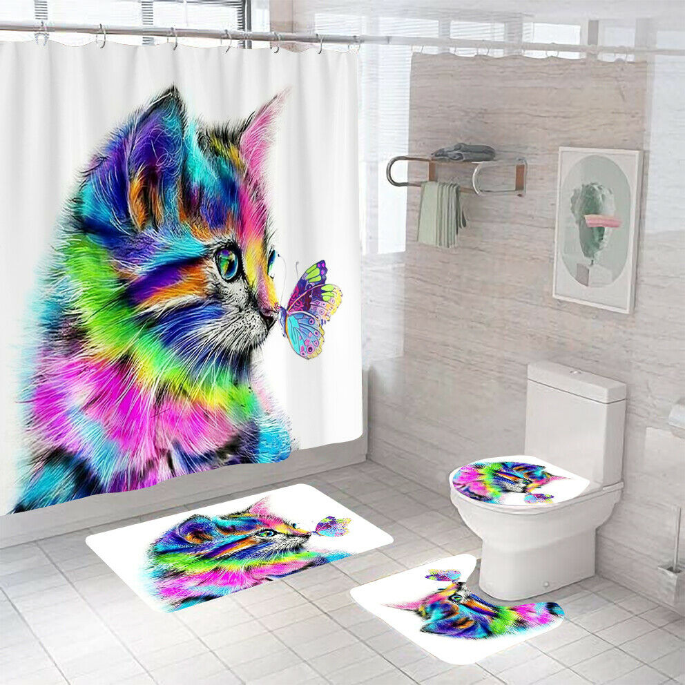 Kitty Shower Curtain Bathroom Rug Set Thick Bath Mat Non-Slip Toilet Lid Cover-Shower Curtain+3Pcs Mat-Free Shipping at meselling99