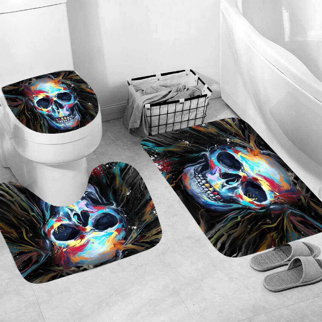 Skull Shower Curtain Bathroom Rug Set Thick Bath Mat Non-Slip Toilet Lid Cover-3Pcs Mat Set Only-Free Shipping at meselling99