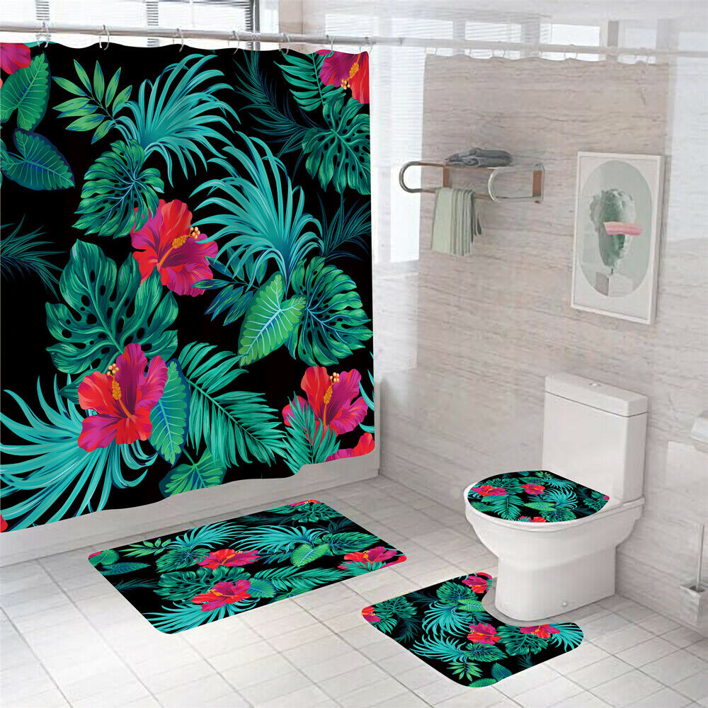 Floral Shower Curtain Set Thick Bathroom Rugs Bath Mat Non-Slip Toilet Lid Cover-Shower Curtain+3Pcs Mat-Free Shipping at meselling99