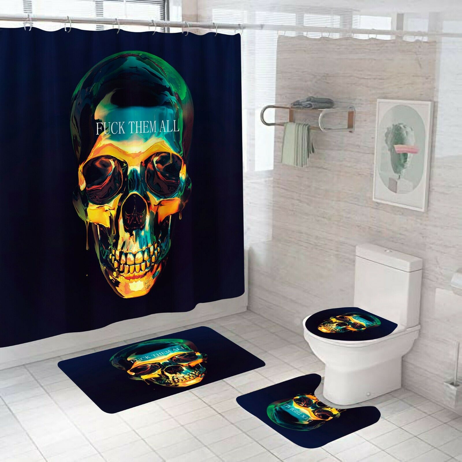 Skull Shower Curtain Set Thick Bathroom Rug Bath Mat Non-Slip Toilet Lid Cover-Shower Curtain+3Pcs Mat-Free Shipping at meselling99