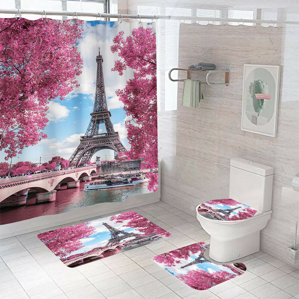 Eiffel Shower Curtain Bathroom Rug Set Thick Bath Mat Non-Slip Toilet Lid Cover-Shower Curtain+3Pcs Mat-Free Shipping at meselling99