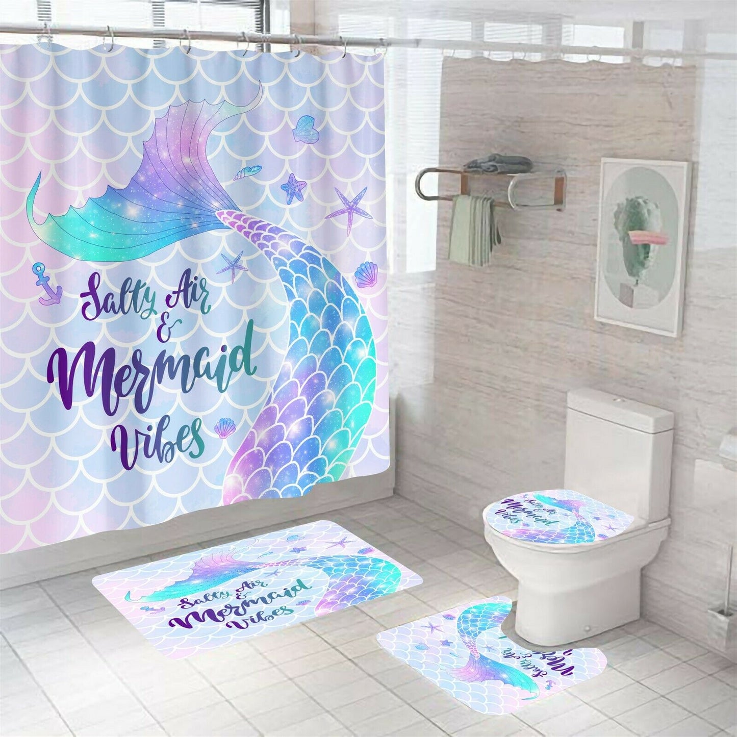 Mermaid Shower Curtain Set Thick Bathroom Rug Bath Mat Non-Slip Toilet Lid Cover-Shower Curtain+3Pcs Mat-Free Shipping at meselling99