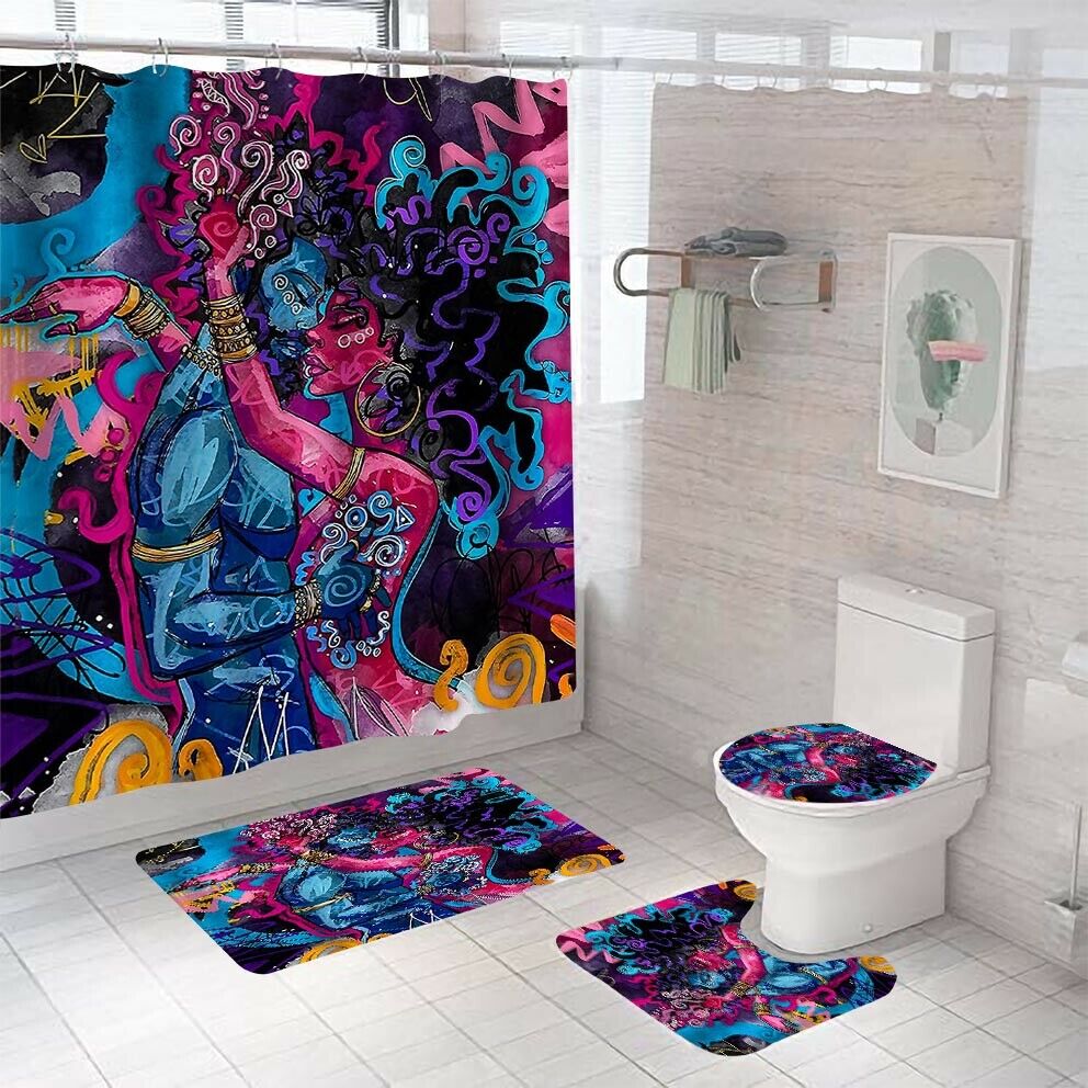 Lover Shower Curtain Bathroom Rug Set Thick Bath Mat Non-Slip Toilet Lid Cover-Shower Curtain+3Pcs Mat-Free Shipping at meselling99