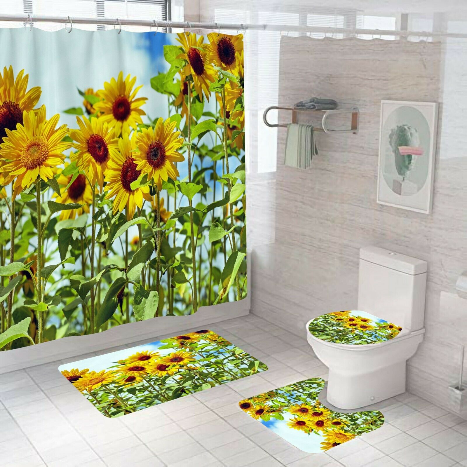 Bathroom Rug Set Shower Curtain Bath Mat Non Slip Toilet Seat Lid Cover--Free Shipping at meselling99