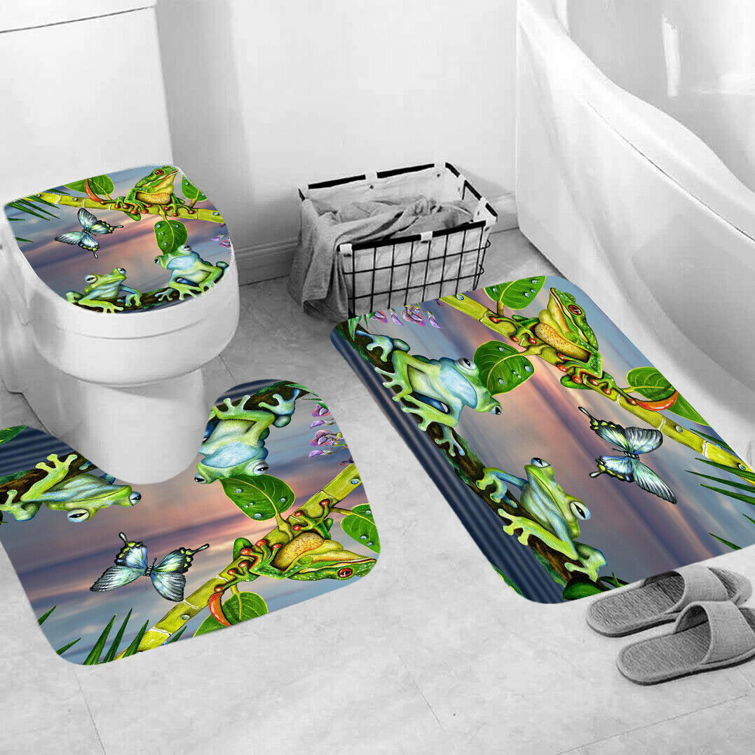 Frog Shower Curtain Bathroom Rug Set Thick Bath Mat Non-Slip Toilet Lid Cover-3Pcs Mat Set Only-Free Shipping at meselling99