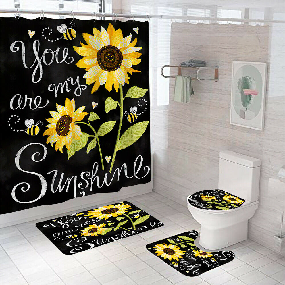 Sunflower Letter Shower Curtain Bathroom Rug Set Bath Mat Non-Slip Toilet Lid Cover-Shower Curtain+3Pcs Mat-Free Shipping at meselling99