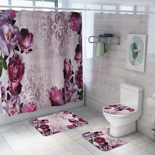 Floral Shower Curtain Bathroom Rug Set Soft Bath Mat Non-Slip Toilet Lid Cover--Free Shipping at meselling99
