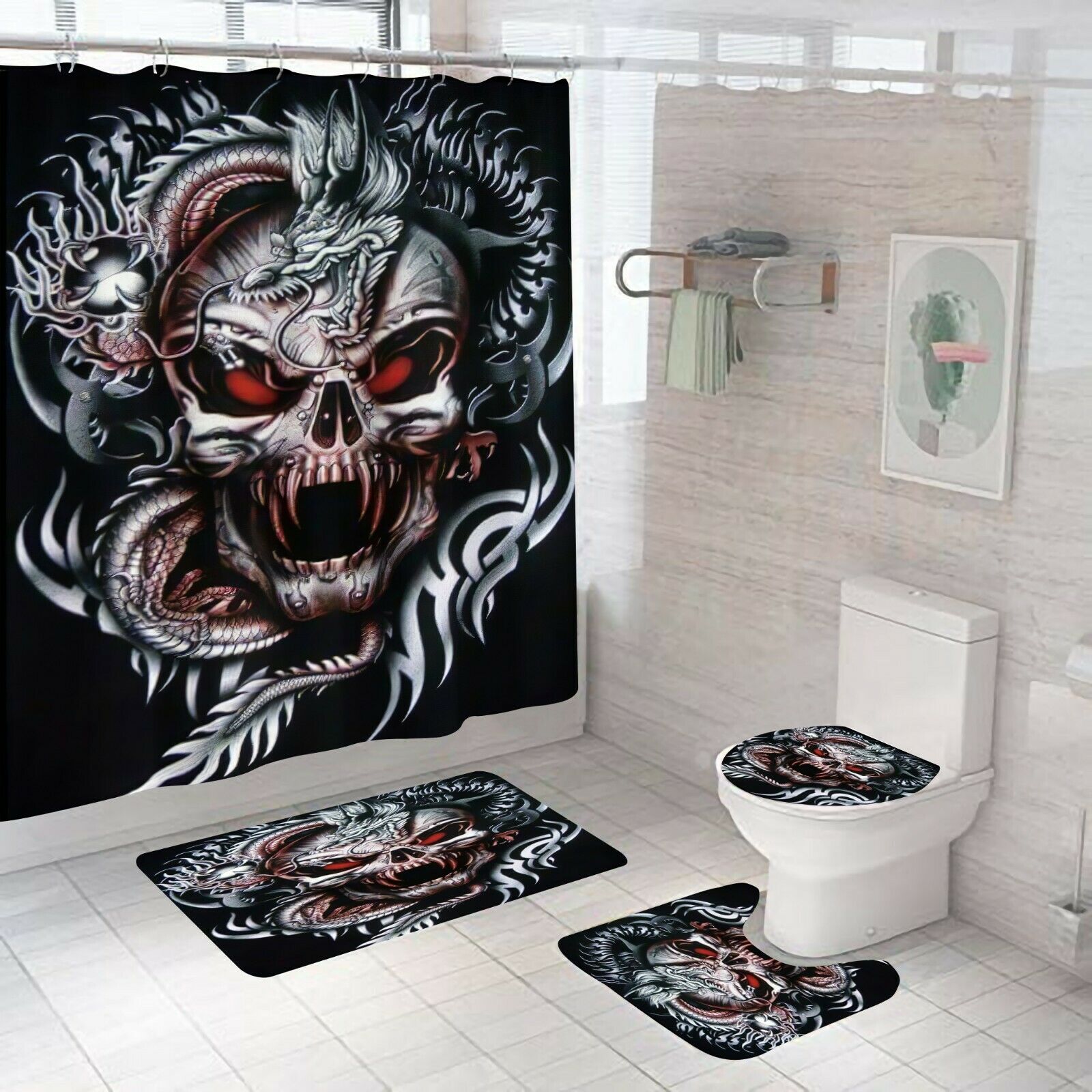 Skull Shower Curtain Set Bathroom Rug Thick Bath Mat Non-Slip Toilet Lid Cover-Shower Curtain+3Pcs Mat-Free Shipping at meselling99