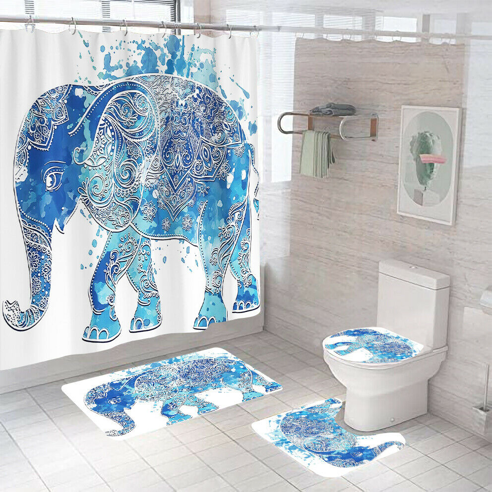 Elephant Shower Curtain Bathroom Rug Set Bath Mat Non-Slip Toilet Lid Cover-Shower Curtain+3Pcs Mat-Free Shipping at meselling99