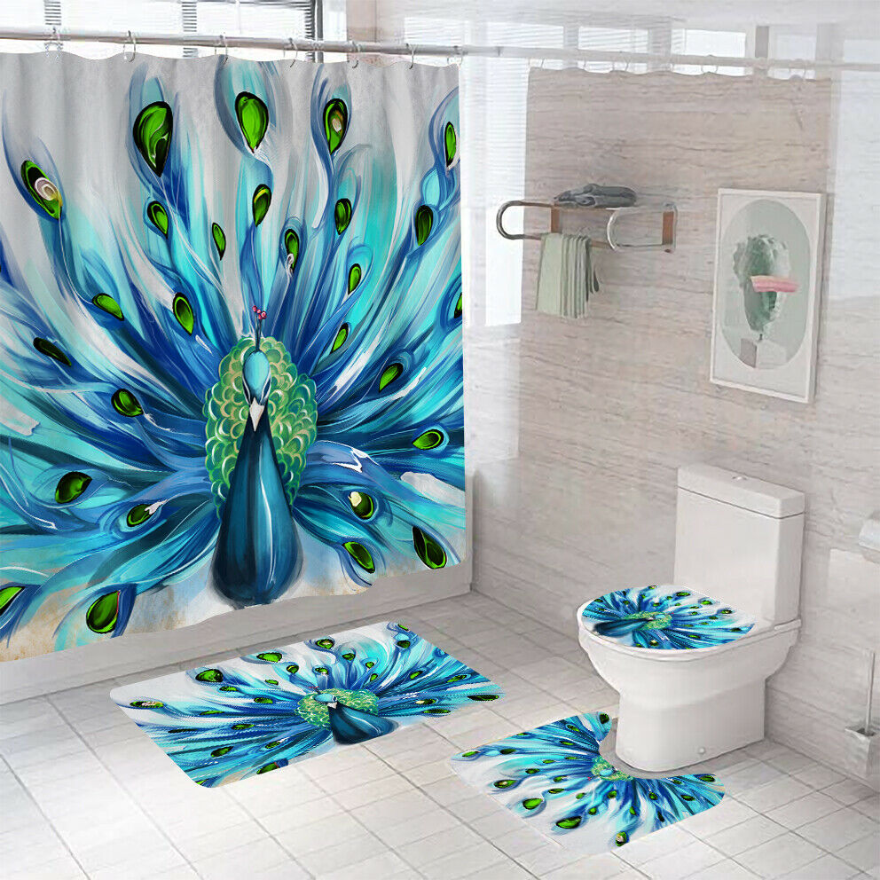 Peacock Shower Curtain Bathroom Rug Set Thick Bath Mat Non-Slip Toilet Lid Cover-Shower Curtain+3Pcs Mat-Free Shipping at meselling99