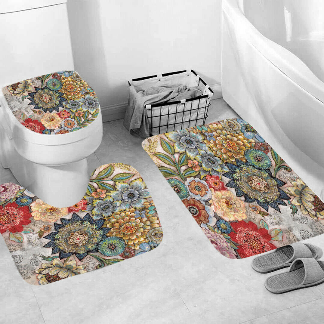 Floral Shower Curtain Bathroom Rug Set Bath Mat Non-Slip Toilet Lid Cover-3Pcs Mat Set Only-Free Shipping at meselling99
