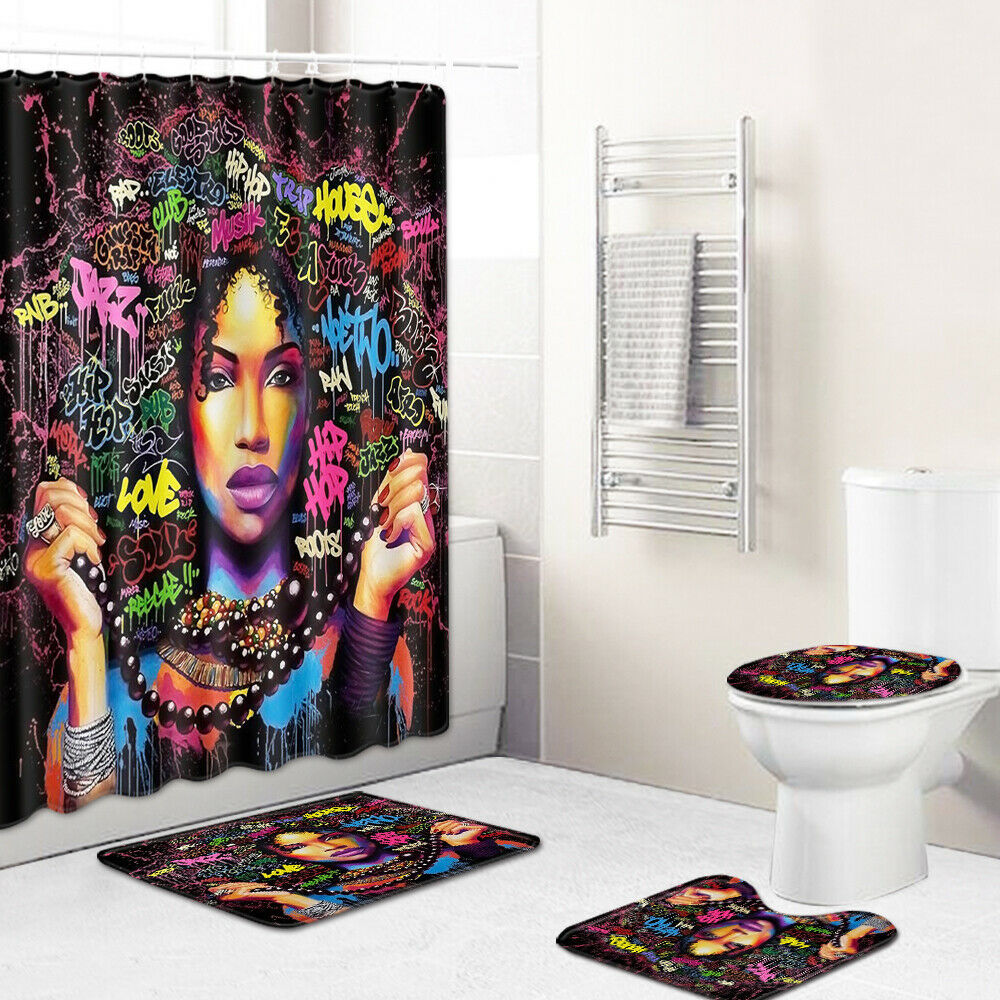 Color Woman Shower Curtain Bathroom Rug Set Bath Mat Non-Slip Toilet Lid Cover-Shower Curtain+3Pcs Mat-Free Shipping at meselling99