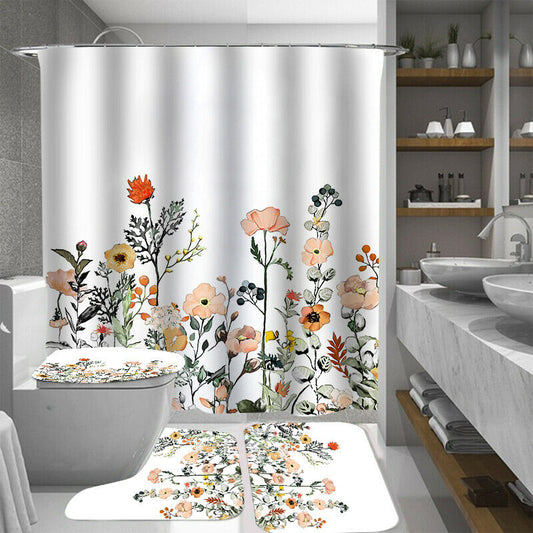 Floral Shower Curtain Set Bathroom Rugs Thick Bath Mat Non-Slip Toilet Lid Cover--Free Shipping at meselling99