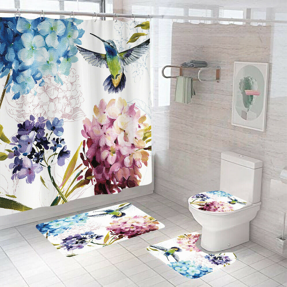 Hummingbird Shower Curtain Bathroom Rug Set Bath Mat Non-Slip Toilet Lid Cover-Shower Curtain+3Pcs Mat-Free Shipping at meselling99