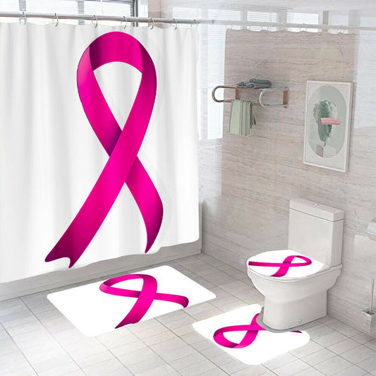 Pink Ribbon Shower Curtain Bathroom Rug Set Bath Mat Non-Slip Toilet Lid Cover--Free Shipping at meselling99