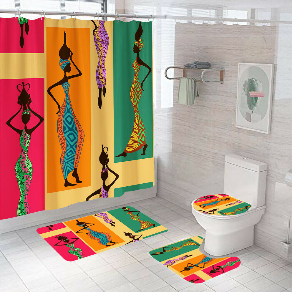 African Woman Shower Curtain Bathroom Rug Set Bath Mat Non-Slip Toilet Lid Cover-Shower Curtain+3Pcs Mat-Free Shipping at meselling99