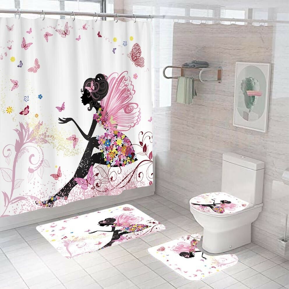 Fairy Shower Curtain Bathroom Rug Set Thick Bath Mat Non-Slip Toilet Lid Cover-Shower Curtain+3Pcs Mat-Free Shipping at meselling99