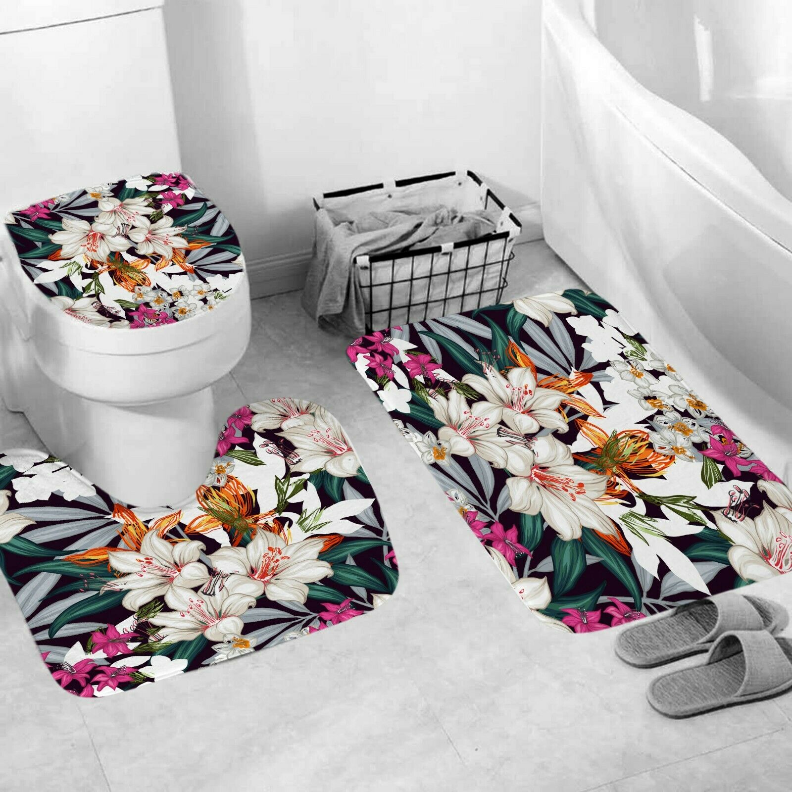 Floral Bathroom Rug Set Shower Curtain Thick Bath Mat Non-Slip Toilet Lid Cover-3Pcs Mat Set Only-Free Shipping at meselling99