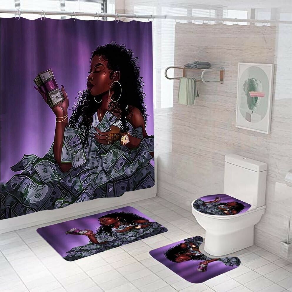 Billionaire Shower Curtain Set Bathroom Rug Bath Mat Non-Slip Toilet Lid Cover-Shower Curtain+3Pcs Mat-Free Shipping at meselling99