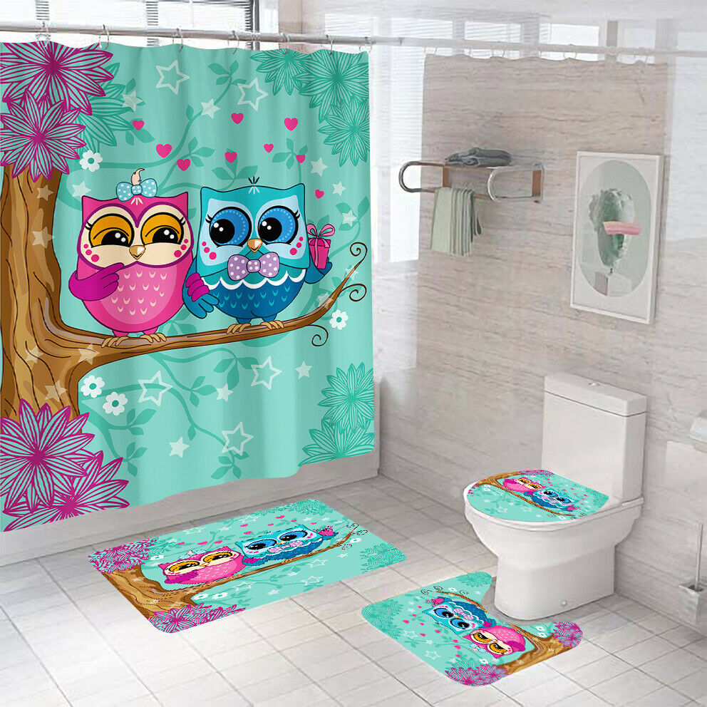 Owl Shower Curtain Bathroom Rug Set Thick Bath Mat Non-Slip Toilet Lid Cover-Shower Curtain+3Pcs Mat-Free Shipping at meselling99