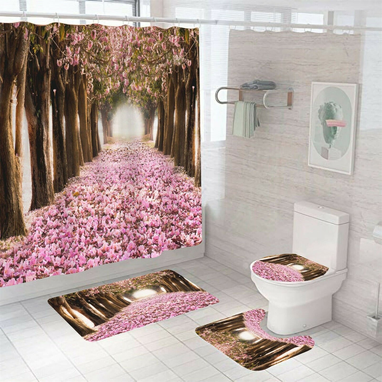 Floral Shower Curtain Bathroom Rug Set Bath Mat Non-Slip Toilet Lid Cover-Shower Curtain+3Pcs Mat-Free Shipping at meselling99
